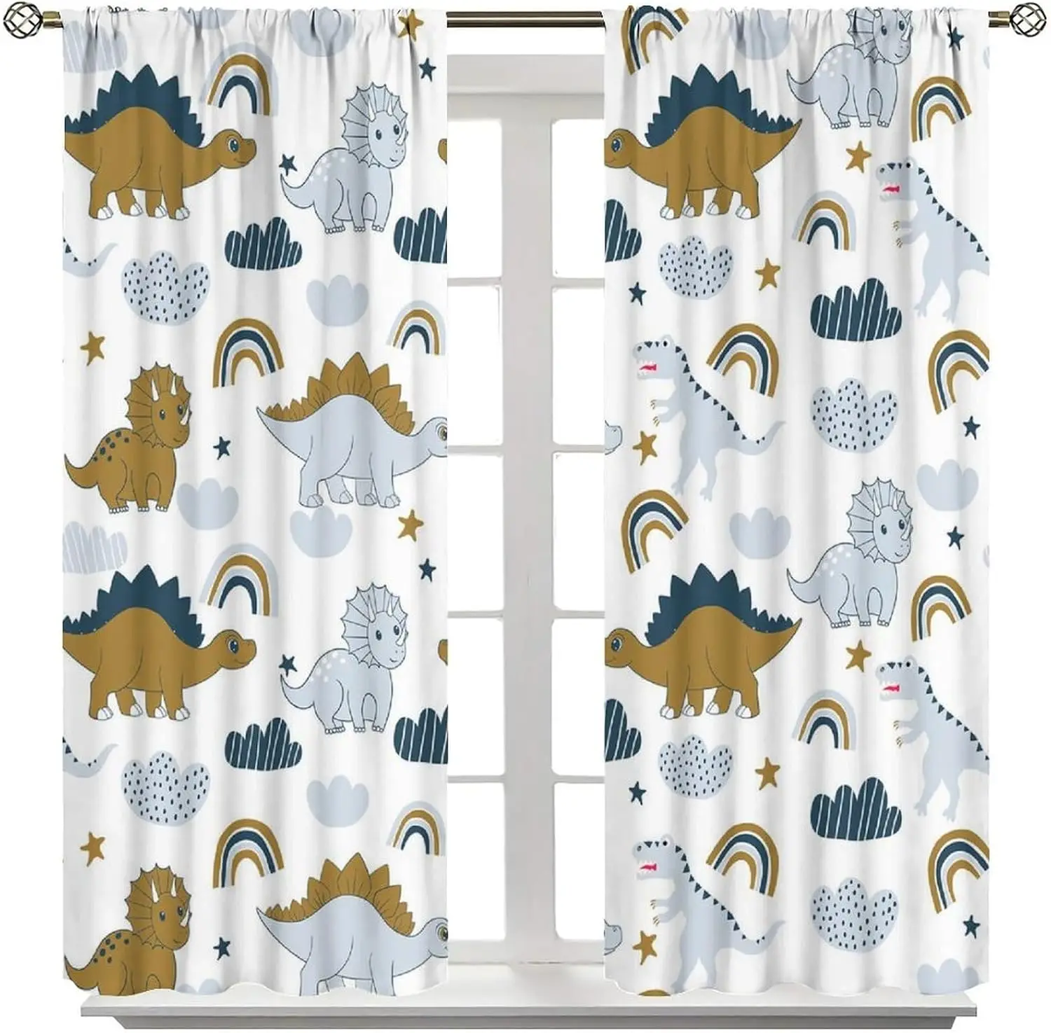 White Base Cute Dinosaur Curtain Panels, Minimal Rainbow Cloud Small Dino Full Print Drapes For Kindergarten Apartment Decor