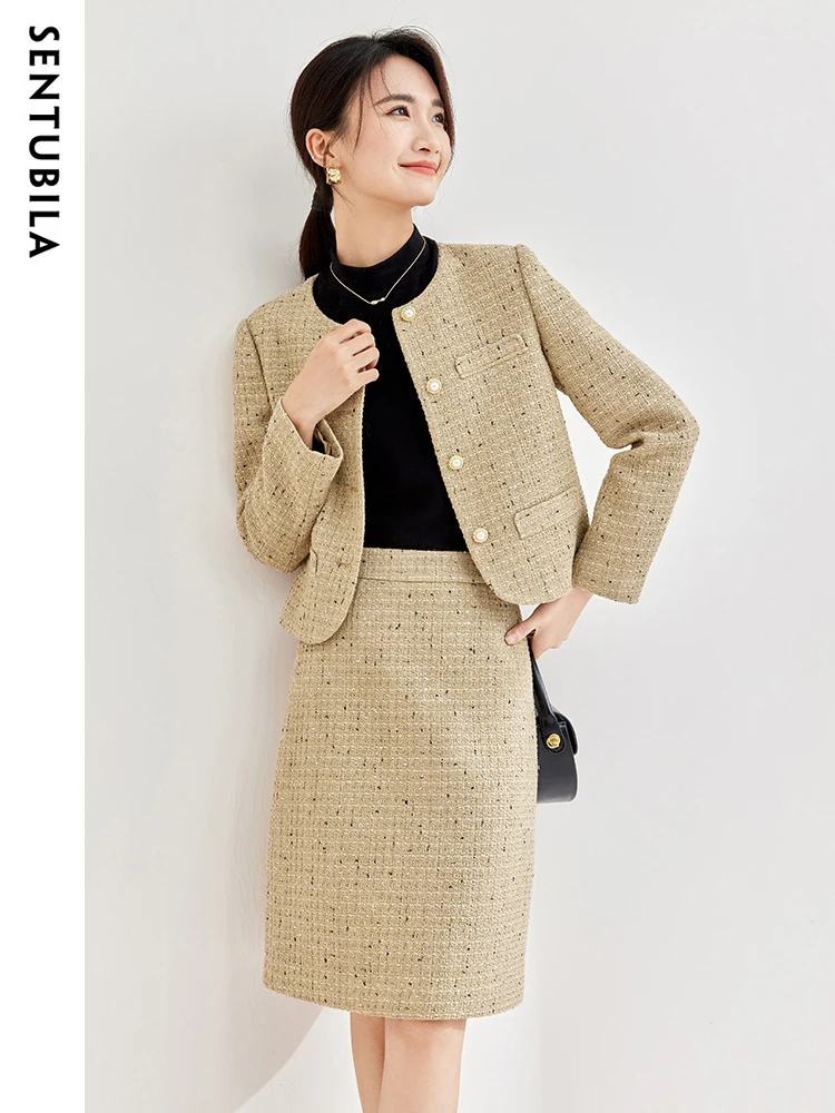 Sentubila elegante gonna in Tweed due pezzi set donna 2023 autunno inverno moda Crop giacca gonna a portafoglio 2 pezzi abiti 133 z51615