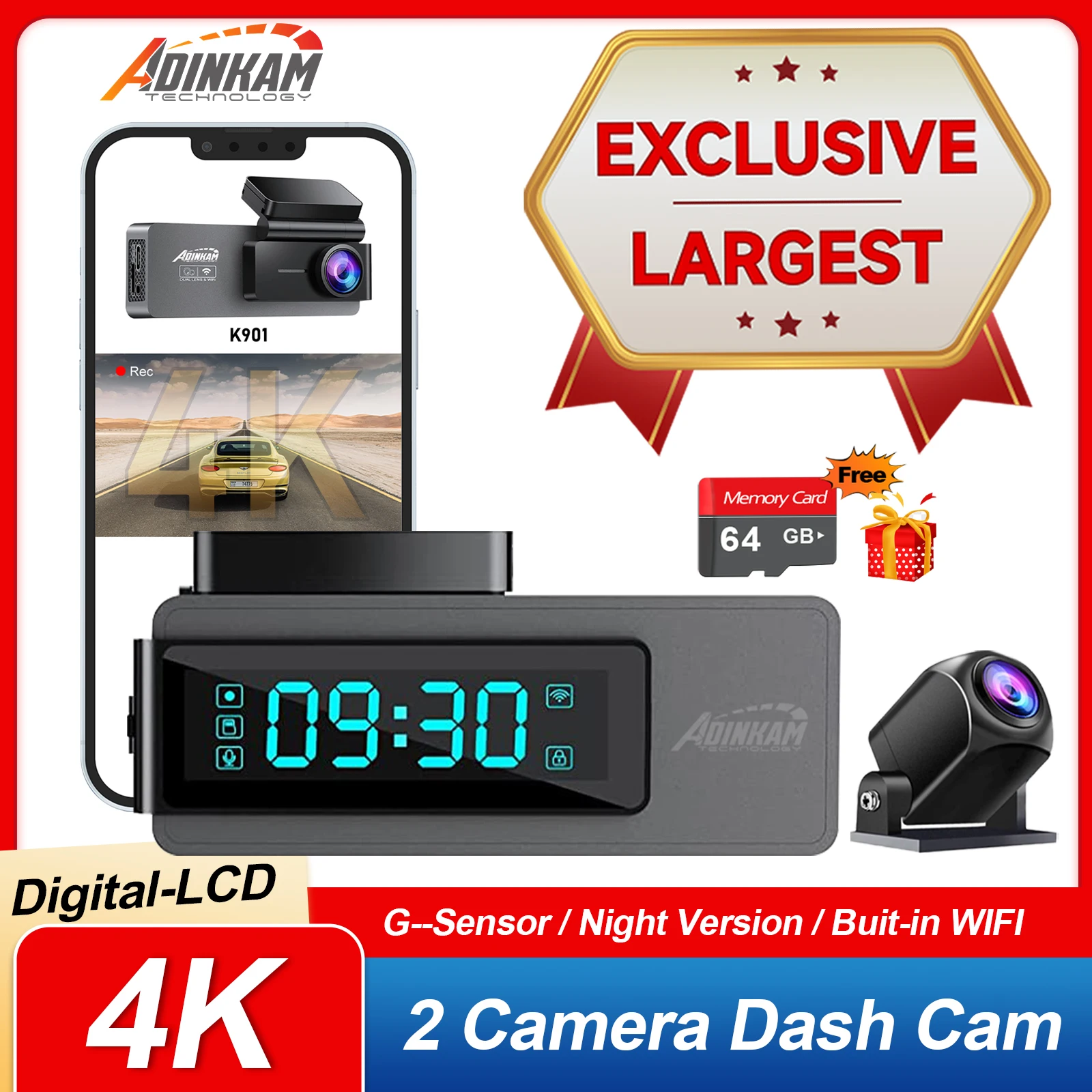 

Exclusive Mold TN-LCD 4k Dash Cam Front and Rear,5.8G WiFi Dash Camera for Cars,Free 64GB SD Card,APP Control,6 Layer Lens WDR