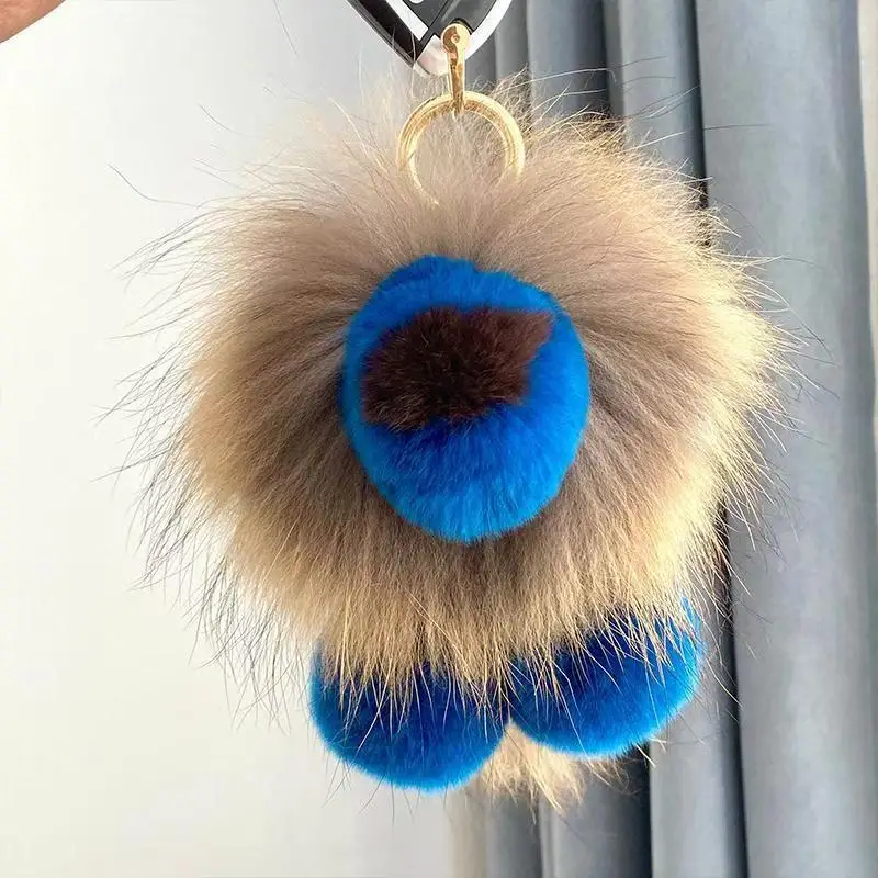 Cute Fluffy Lion Keychain Real Fur Pom Pom Bag Charm Women Fashion Car Keyring Plush Animal Pendant Luxury Handbag Accessories