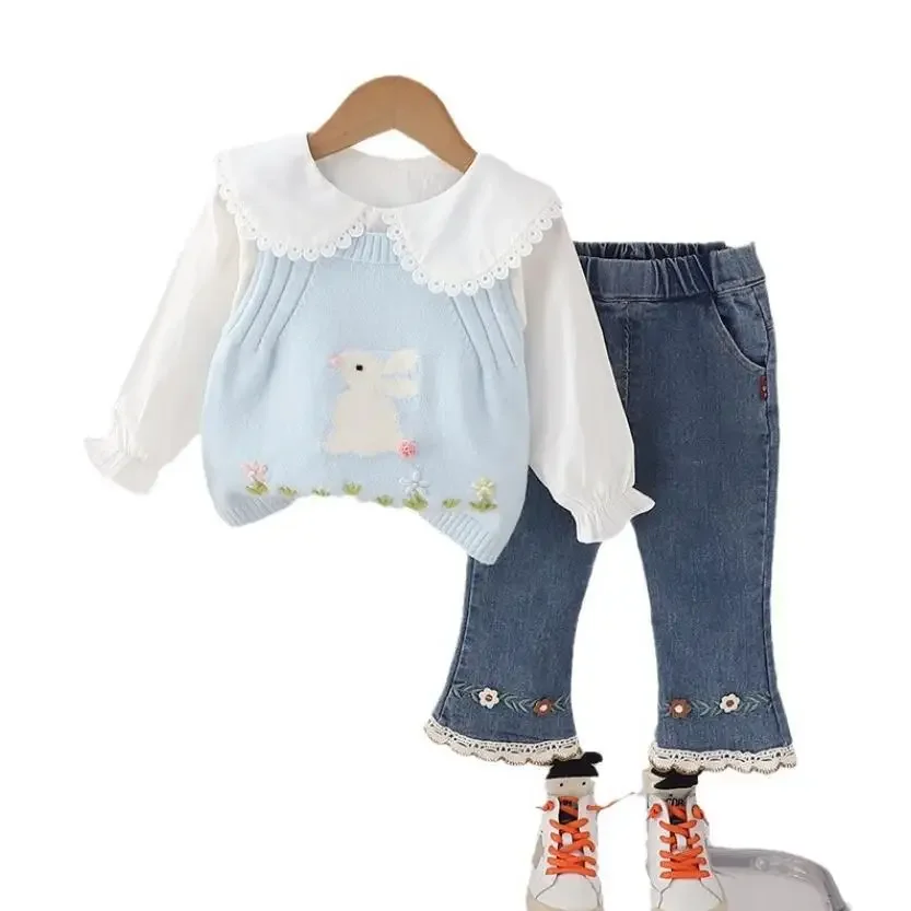 Baby Designer Girls Clothes Outfits Spring Autumn Cartoon Rabbite Knitted Vests+Shirts+Pants 3Pcs Children Suits Kids Bebe Sets