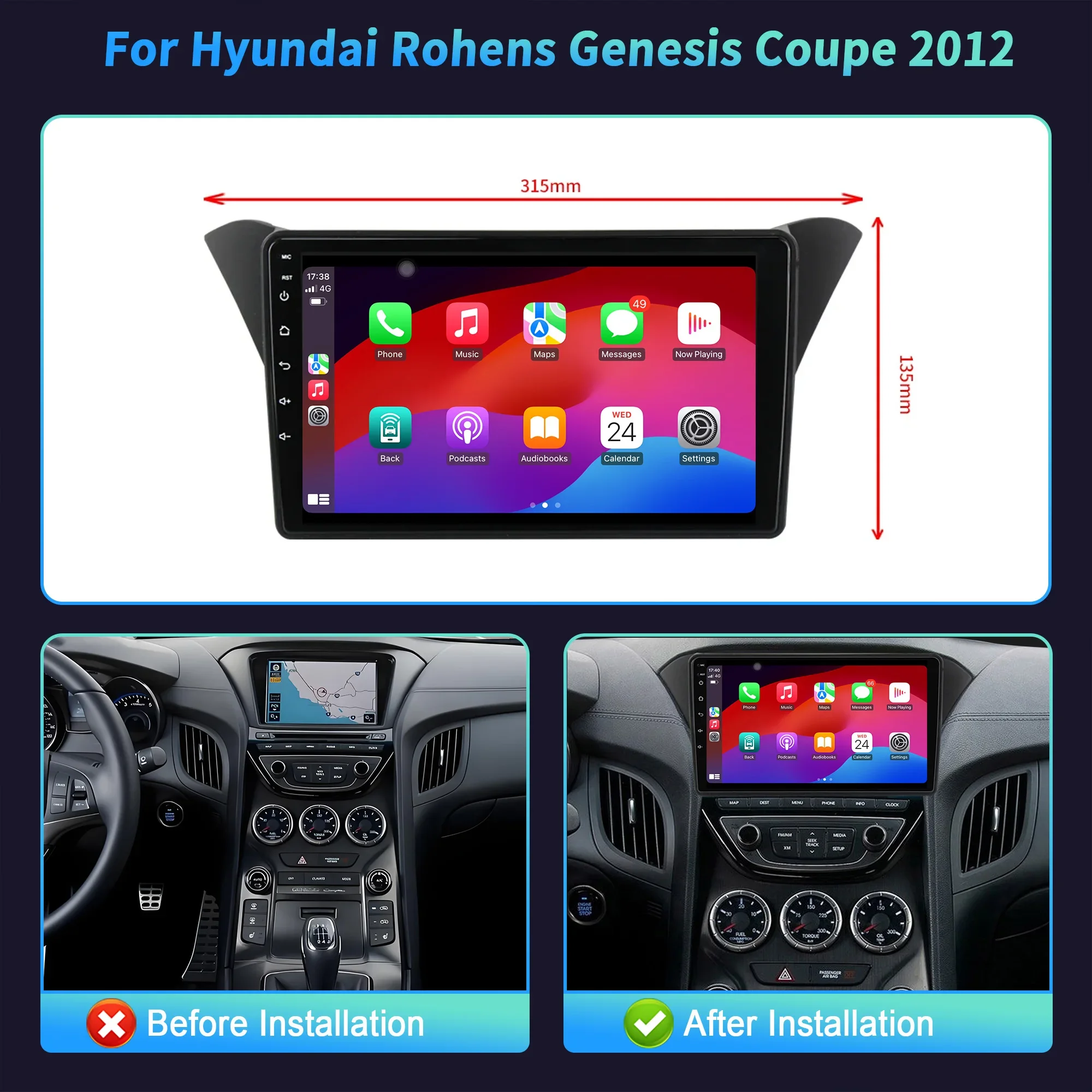 9 inch Car Radio Android 16 For Hyundai Rohens Genesis Coupe 2009-2012 BT Carplay Multimedia Navigation Head Unit 2K QLED Screen