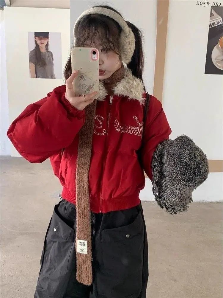 

Осенне-зимняя короткая хлопковая куртка для женщин в американском ретро-стиле с вышивкой букв, комбинированная, с объемными рукавами, для повседневной носки, простая, универсальная верхняя одежда