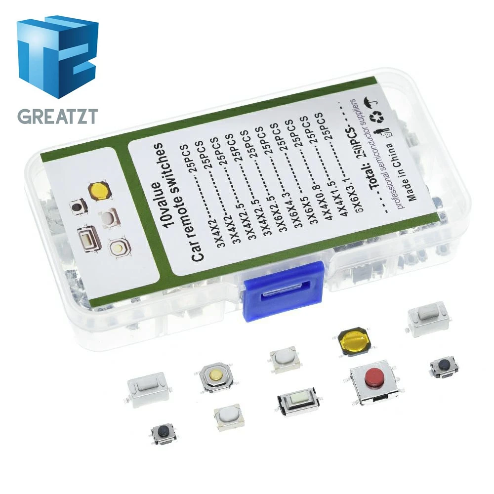 1BOX=250Pcs 10-Types Tactile Push Button Switch Car Remote Control Keys Button Touch Microswitch for TZT Electronic Components