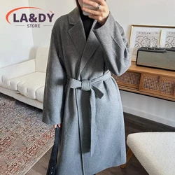 Manteau en laine à lacets pour femmes avec poches, manteau à manches longues, monochromatique, décontracté, haute qualité, mode féminine, 2024