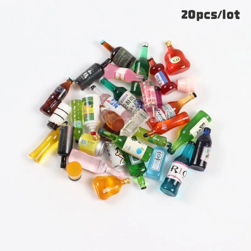 20 pièces/ensemble résine mignon maison de poupée Mini Simulation vin whisky Miniature lait boisson bouteilles semblant jouer jouets aléatoires