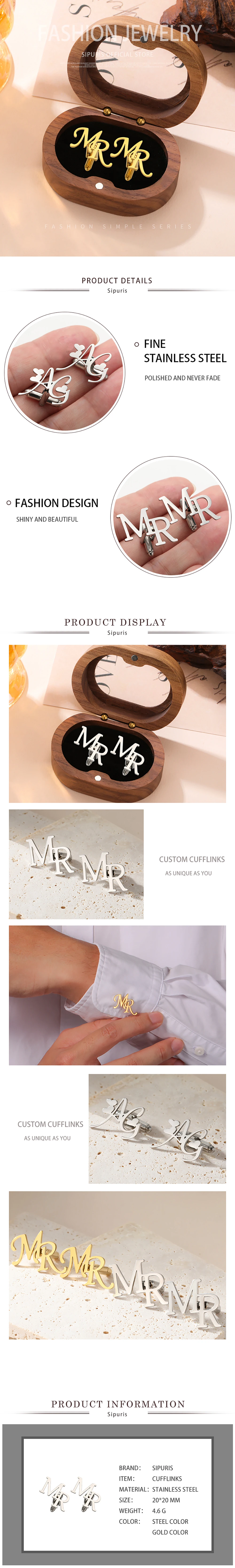 Sipuris Maßgefertigte Initialen-Manschettenknöpfe aus Edelstahl für Damen und Herren, Bräutigam-Hemd-Initialen, Luxuriöser Personalisierter Schmuck, Hochzeitsgeschenk – Detail 5