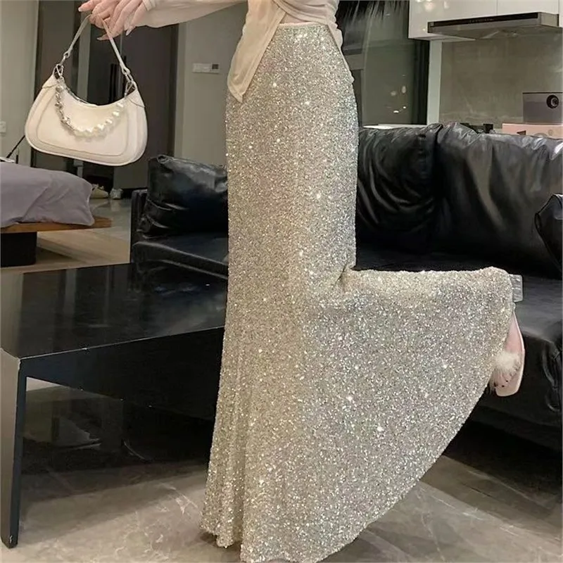 กระโปรงทรงเอไลน์ปักเลื่อมยาวปานกลาง เอวสูง สำหรับผู้หญิง ฤดูใบไม้ผลิ ฤดูใบไม้ร่วง รุ่นใหม่ กระโปรงยาวเข้ารูป ผลิตในจีน