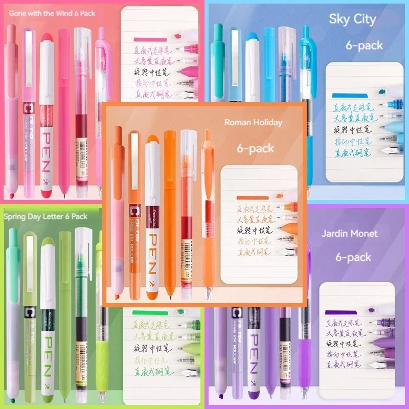 6pcs/set Roller Pen Purple / Pink / Green Color Ink Straight Liquid Gel Pen Ballpoint Pen for School Office Stationery Kawaii