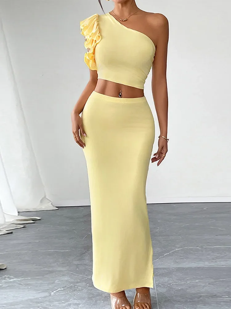 

Women Elegant Yellow 2-piece Set Short Sleeved Single Shoulder Top Wrapped Long Skirt Set Lady Summer Holiday Beach Outfits