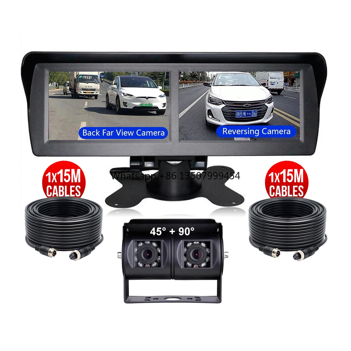 

4.3 Inch Dual Screen Car Monitor 4ch Video in 4 Pin Joint Head Rear View Cameras 45 + 90 Degree View Angle 2x 15m Video Cables