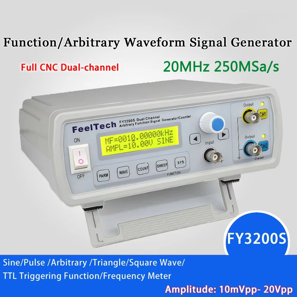 FY3200S 20MHz Signal Generator 40Vpp FPGA Integrated Circuit 250 MSa/s Dual Channel DDS Function Signal Source Frequency Meter