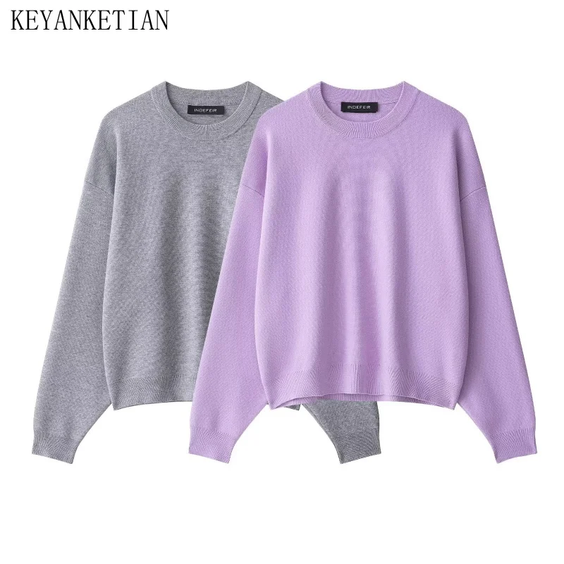 

KEYANKETIAN, осенняя новая женская одежда, свободный однотонный пуловер с круглым вырезом в ленивом стиле, женский базовый свитер, свитер