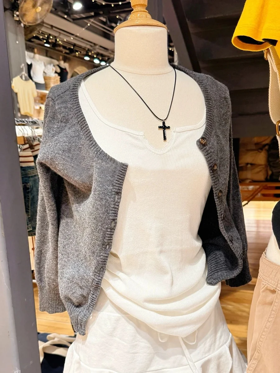 

Dark Gray Slim Short Sweater Cardigan Autumn O-neck Single Breasted Three Quarter Sleeve Knitwear Solid Simple Cotton Crop Top