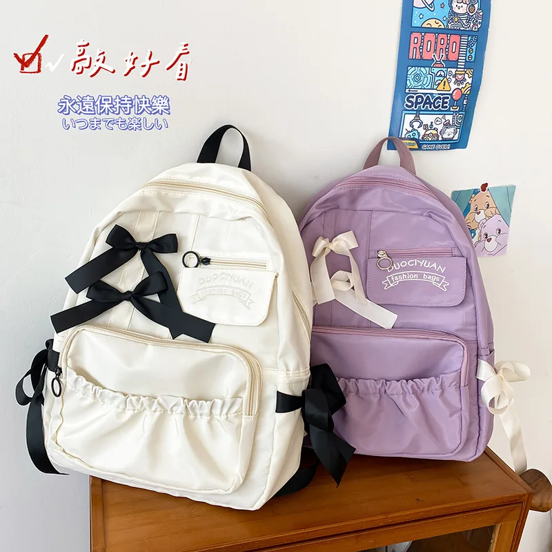 Kawaii Student Backpack with Ribbon Bow Design Ruched Front Pocket Durable Waterproof School Bag for Teen Girls Travel