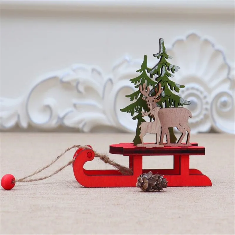 Christmas Decoration Ornaments Wooden Sleigh Santa Claus Snowman Elk Sled Pendant For Christmas Tree Home Party Decor Xmas Gift