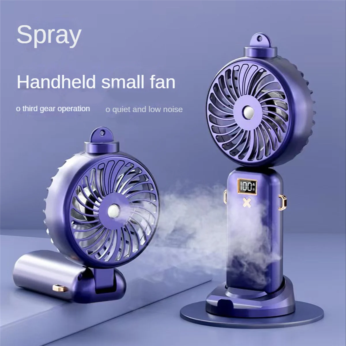 Ventilador Portátil Elétrico Dobrável, USB Recarregável, Arrefecimento a Ar, Função de Spray, 5 Velocidade, Display Digital, 5000mAh