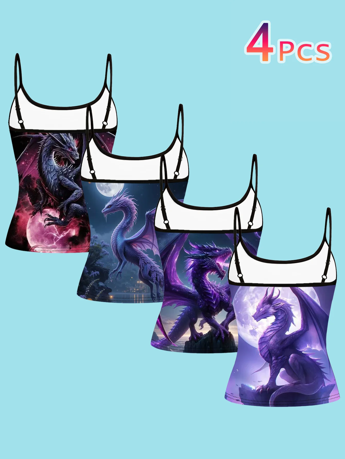 4-Piece Set of Women's Spaghetti Strap Camisoles with Purple and Blue Full Moon Magic Western Dragon Fantasy Oil Painting Print Slim Fit Sleeveless Tops