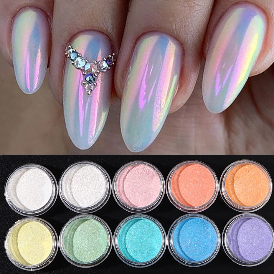 10pcs Set Nail Mermaid Dipping Powder Aurora Effect Iridescent Pigment Nail Art Gel Polish Pearl Dust DIY Manicure Decorations