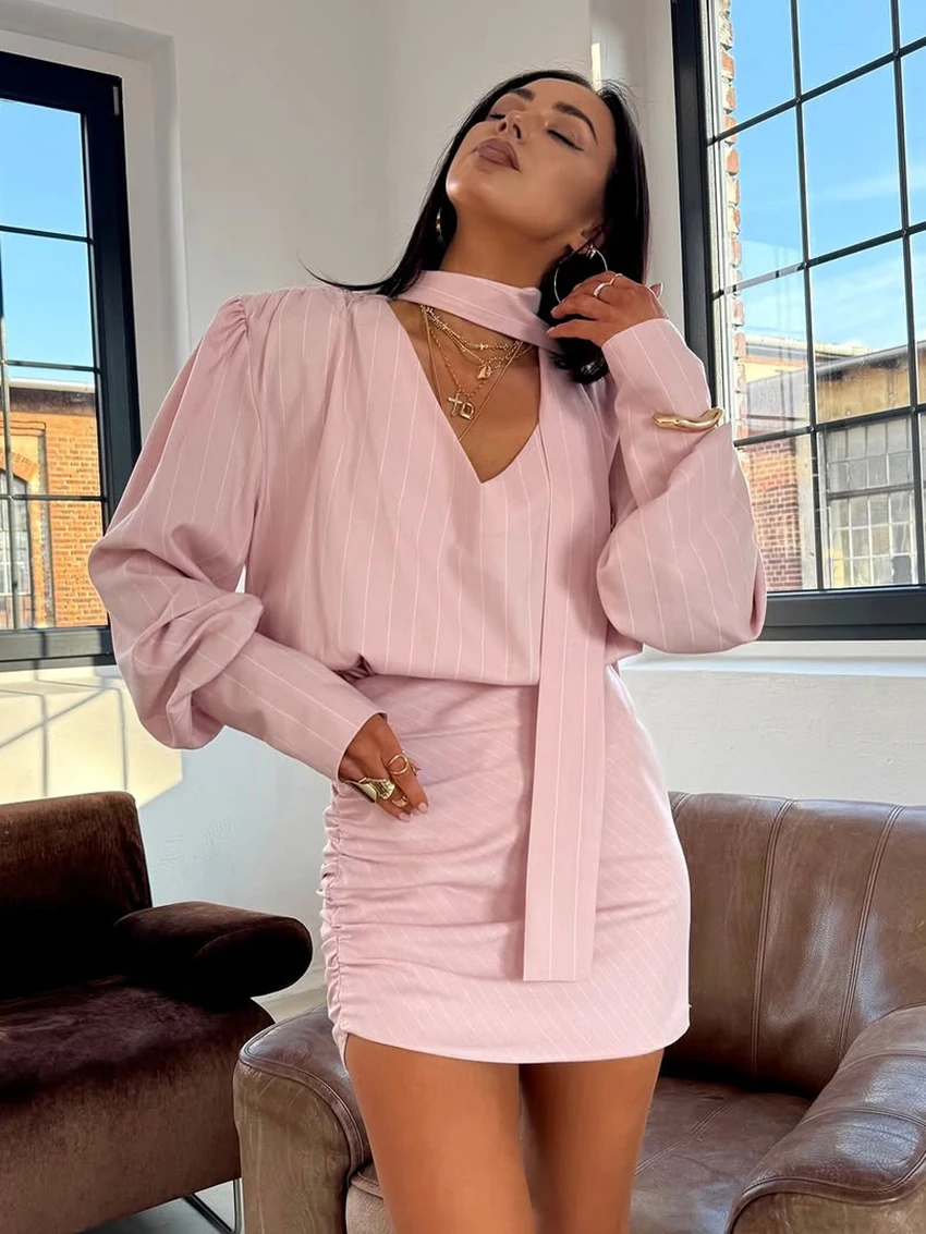 

Marthaqiqi Striped Ladies Pajama Set Long Sleeve Sleepwear Lace Up Nightie V-Neck Nightgown Skirts Fashion Female Nightwear Suit