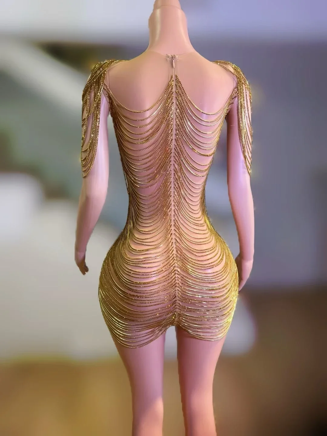 Vestido de noche dorado de lujo para mujer, minivestido para espectáculo de eventos, fiesta de celebración de cumpleaños, sesión de fotos, Jinsheng