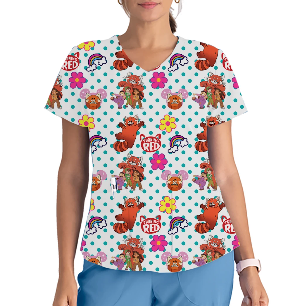 T-Shirt mit V-Ausschnitt, Taschenoberteil, Krankenschwesteruniform, T-Shirt, rote Damenbekleidung, Disney-Kollektion, Krankenhausoberteile, Damenoveralls