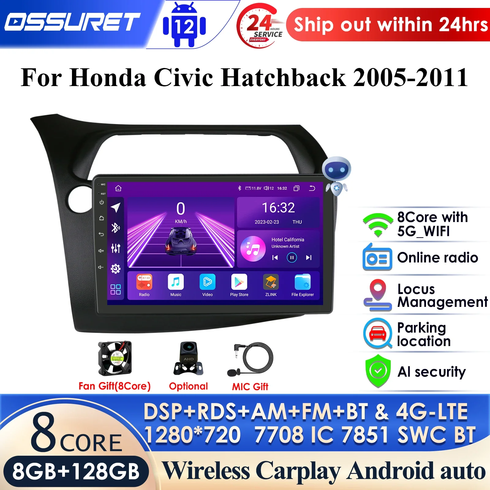 

Система AI Android 13 для Honda Civic Hatchback 2006-2011, автомобильное радио, мультимедийный плеер, навигация, 2 Din стерео головное устройство 7862, 8 ядер