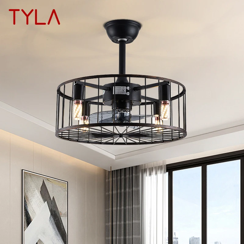 

TYLA American Ceiling Fans Lights Black LED Lamp With Remote Control for Home Bedroom Dining Room Loft Retro