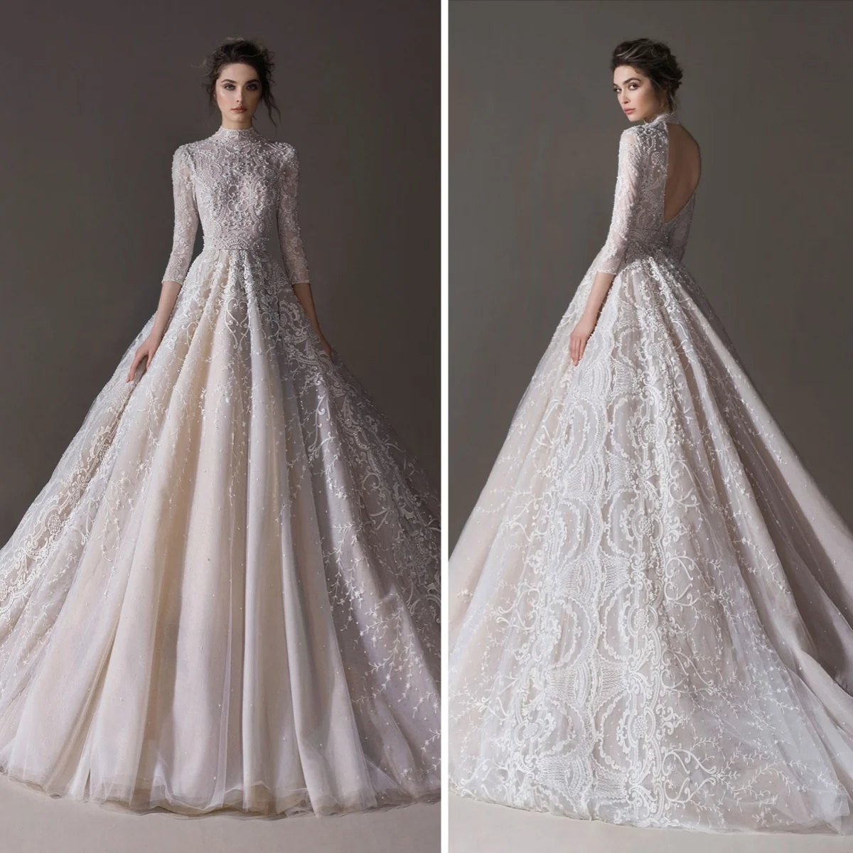 

Muslim High Collar A-line Wedding Dress Backless Long Sleeves Lace Applique Bridal Dress Vintage Vestidos De Novia Customized