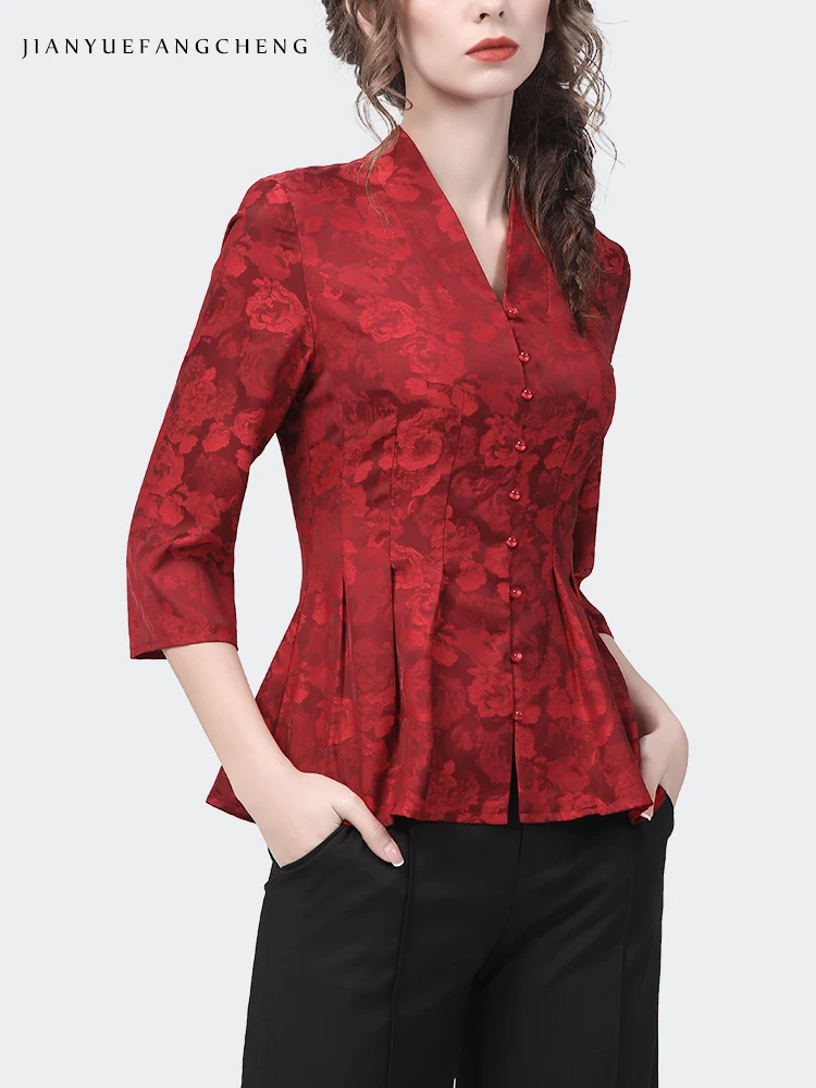 Women\' Red Jacquard Flowers Shirt Long Sleeve V-Neck Spring Summer Tops Vintage Slim Fit 2024 New Ladies Embroidered Blouses