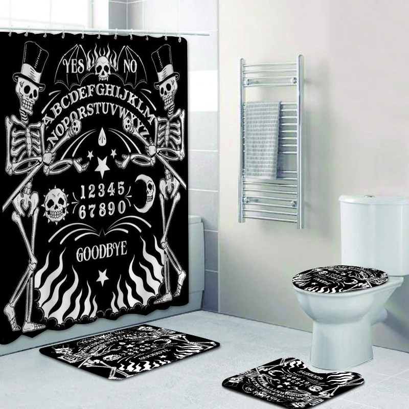 

Funny Dancing Skeleton Magic Bathroom Shower Curtain Set Black Skull Bath Mats Rugs Witchy Halloween Carpet Mat Lid Toilet Cover