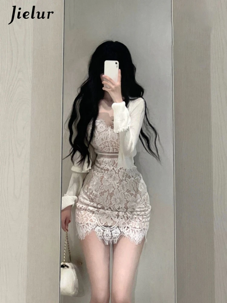 

Jielur Elegant Lace Dress Suit Woman Short Party Sleeveless Mini Dresses Korea Fashion Casua White Short Cardigan Office Lady