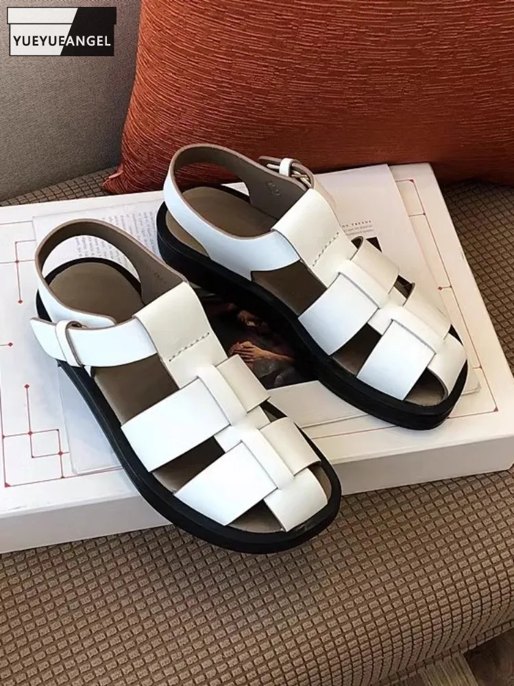 

Vintage Women Gladiator Sandal Woven Hollow Out Design Summer Cowskin Genuine Leather Casual Shoes Buckle Flat Sandals Female