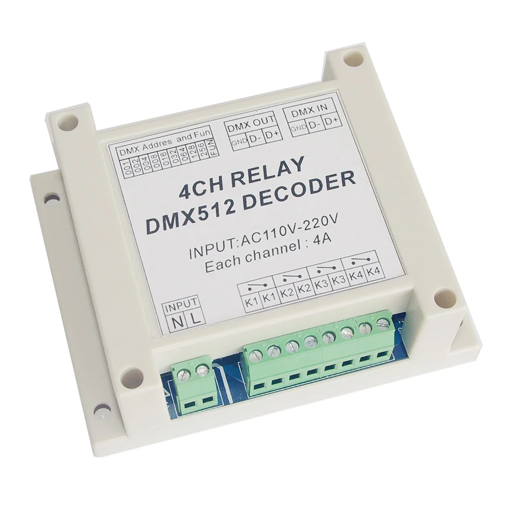 4 Channels 4 Wahy DMX512 Relay Switch DMX Relay Controller AC110-220V Input With Rail Housing Relay for LED Light Controller