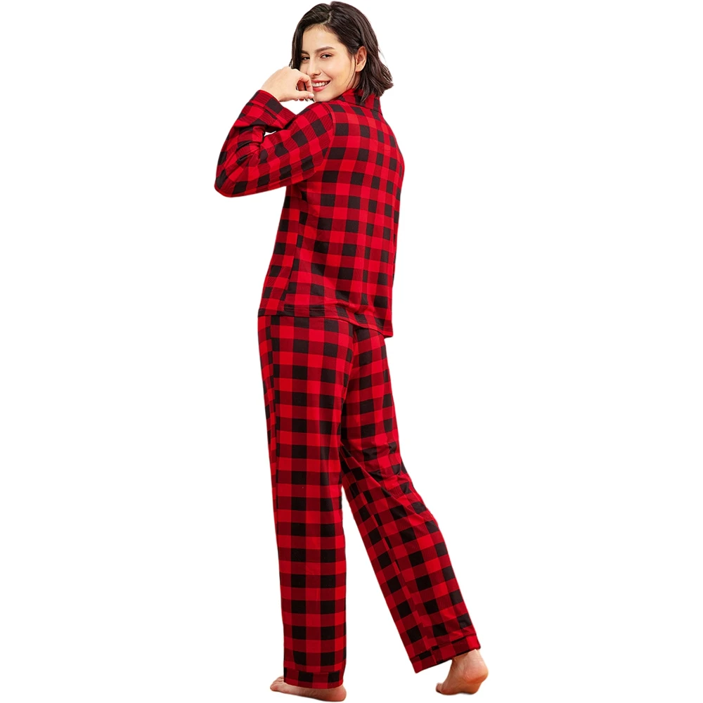 Women\'s Red and White Check Pajama Two-piece Set Long Sleeve Lapel Cardigan Shirt and Pants