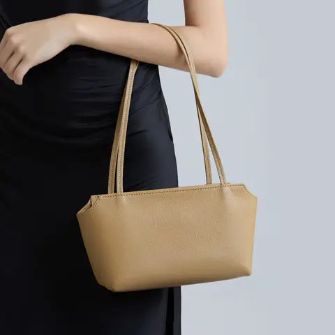 Luxury Women's Genuine Cowhide Leather Mini Shoulder Tote Bag Pebbled Leather Long Strap Underarm Handbag Minimalist Daily Purse
