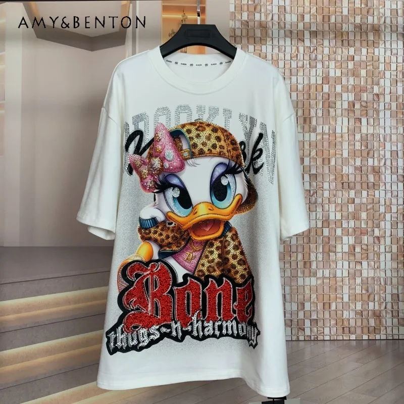 

Autumn Winter New Y2k Brushed Tshirts Heavy Industry Rhinestone Leopard Cartoon Youthful Fashion Loose Short Sleeved T-shirt Top