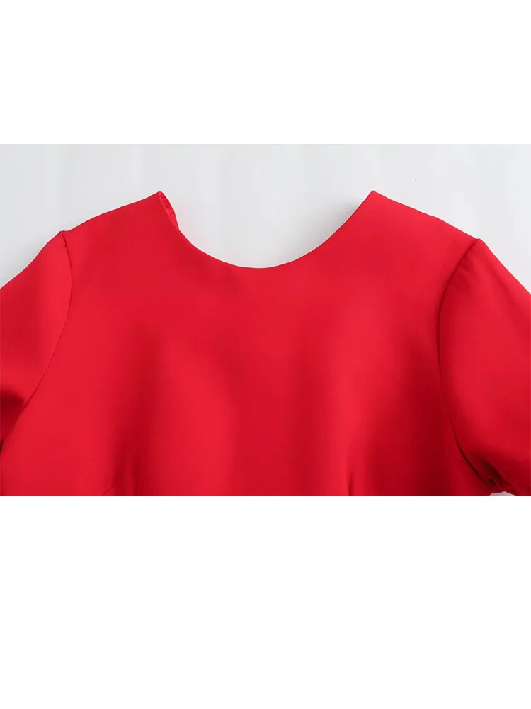 HH Jumpsuit Wanita Musim Panas Model Chic Warna Merah Kerah O Lengan Pendek Punggung Terbuka Hiasan Pita Romper Gaya High Street