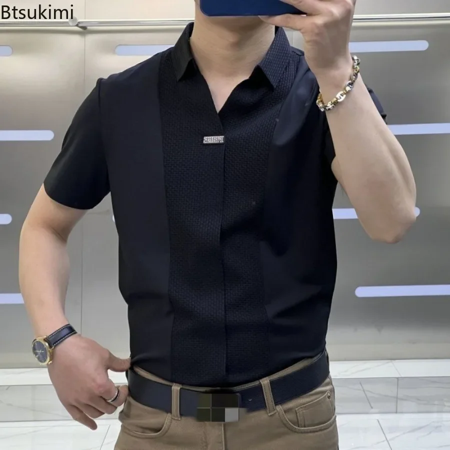 High-grade Light Luxury Men's Business Casual Shirts Patchwork Design Summer Short Sleeve Polo Shirt Men Slim Versatile T-shirts