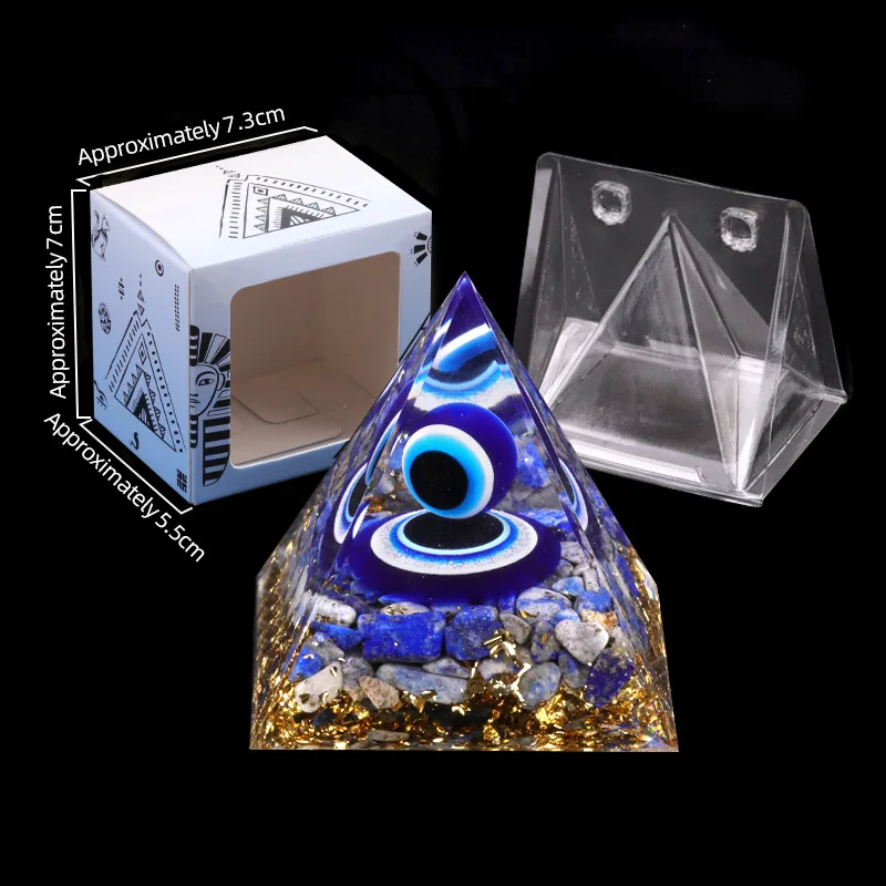 Natural Lapis Lazuli Chips Evil Eye Ball Protection Orgone Pyramid Crystal Resin Decorative Ornament with Gold Flakes