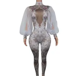 Fashion White Lace Puff Sleeve Rompers Dancer Sexy Bodysuit Tight Fitting Rhinestone Jumpsuit Woman Birthday Party Festival Wear