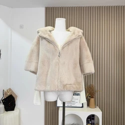 Women's Faux Mink Fur Half Sleeve Loose Jacket Lady Autumn Winter Hooded Zipper Furry Outwear