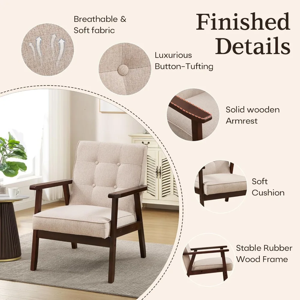 

Fabric Mid-Century Modern Accent Chair Set of 2, Upholstered Armchair with Solid Wood Frame, Reading Chair for, Customized
