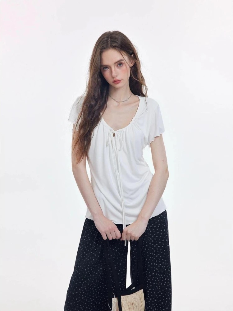Japan Kawaii Shirts for Women French Elegant Solid 2000s Harajuku Vintage Sweet Short Sleeve T Shirts Y2k Korean Fashion Blouses