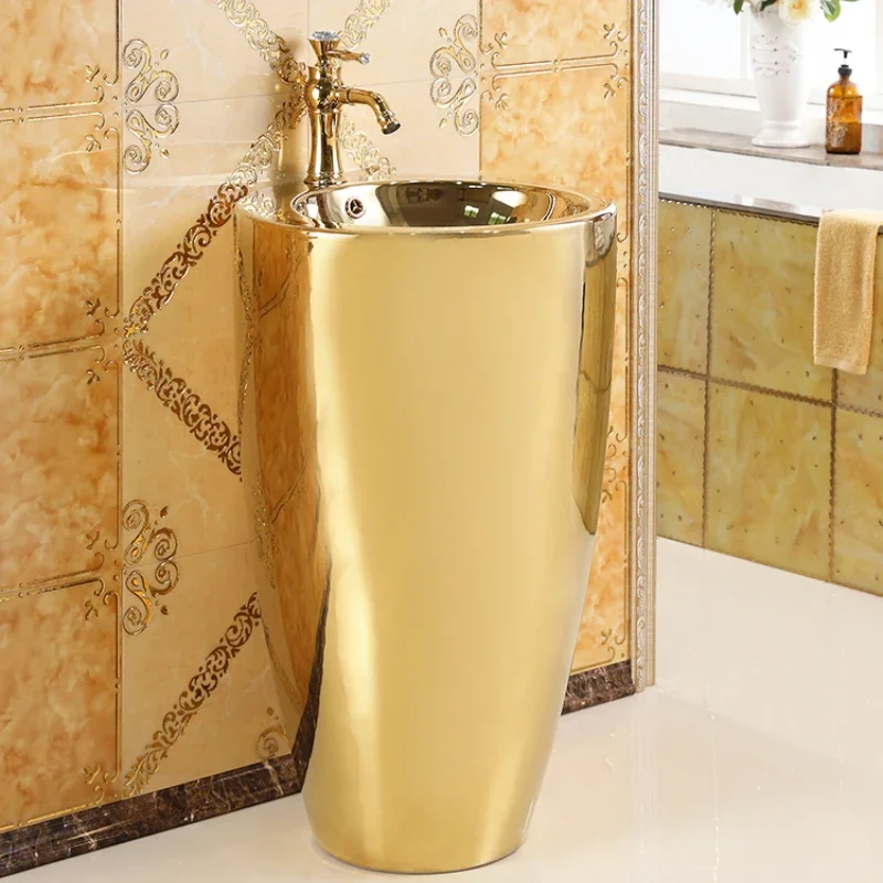 

Golden pillar basin Round wash basin Bar Floor-to-ceiling washbasin Ceramic gold wash basin