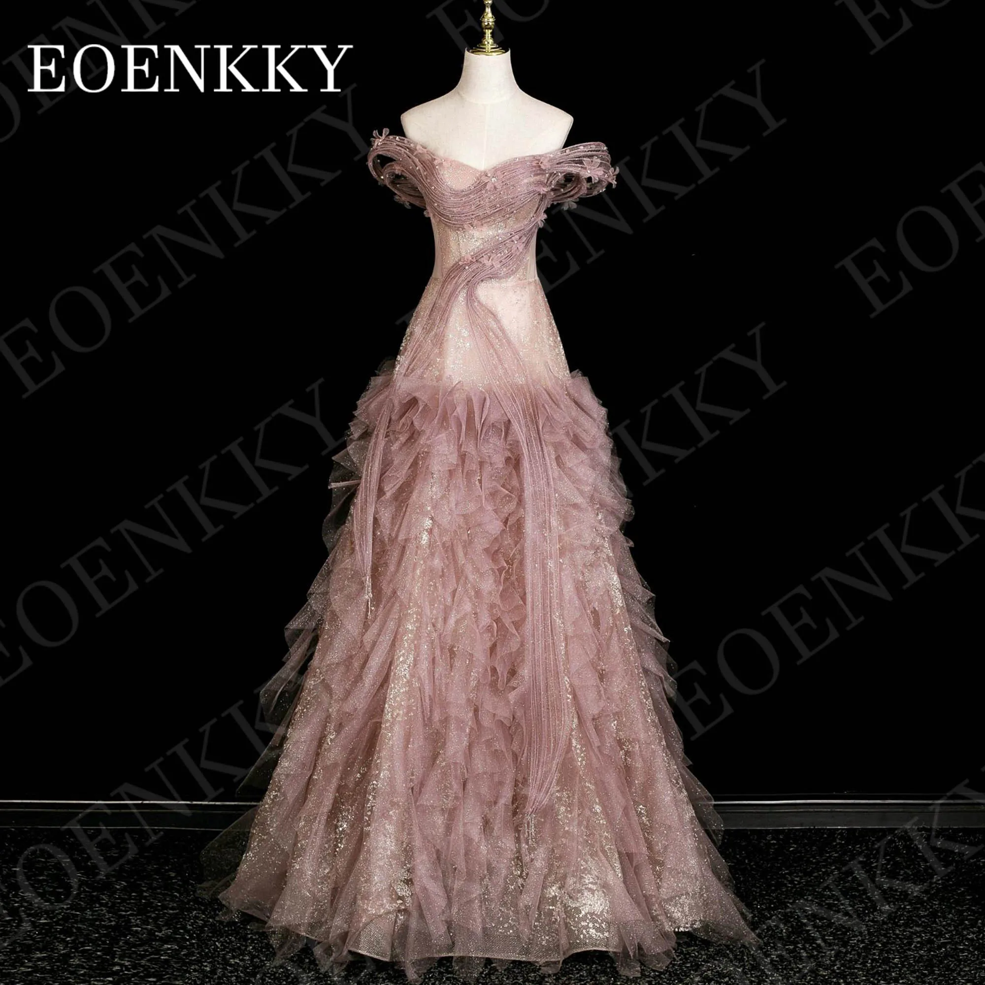 

EOENKKY Luxury Off Shoulder Evening Dress Long Sparkly Tulle Ruffled Pageant Party Dresses Customized вечернее платье женское