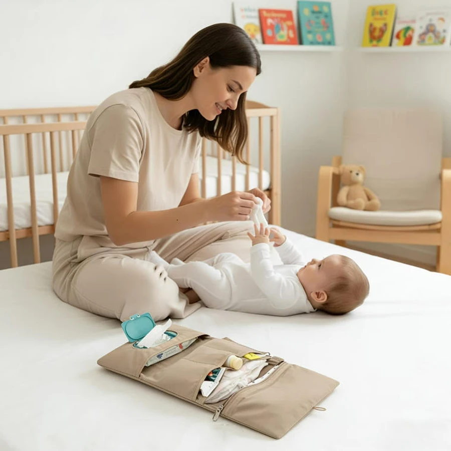 Foldable Hanging Diaper Organizer Bag - Multi-Compartment Essentials Storage Pouch with Wipe Holder & Diaper Pocket