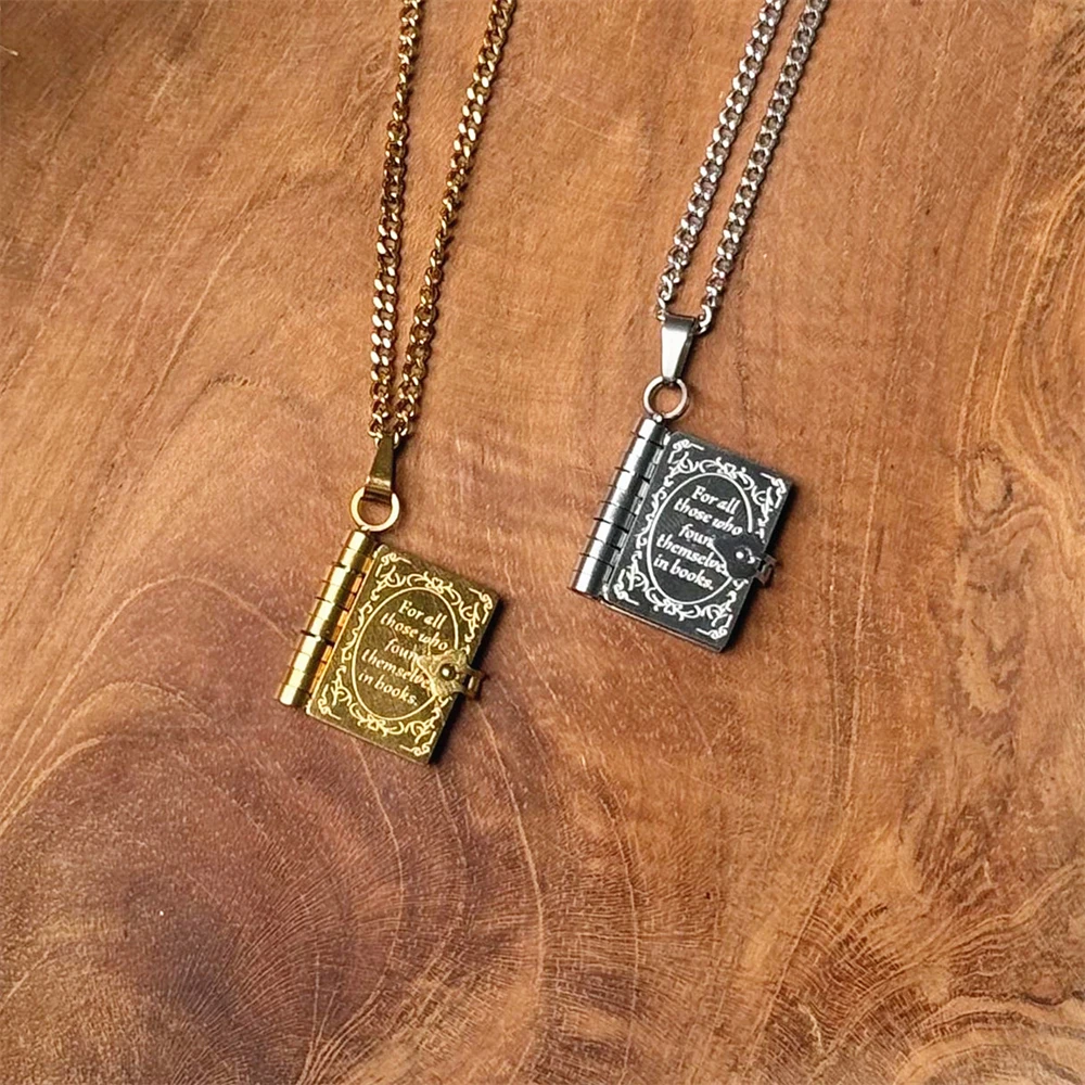 Book Lovers Necklace Stainless Steel Engraved Openable Book Chain Pendant Necklaces for Women Men Vintage Jewelry Gift