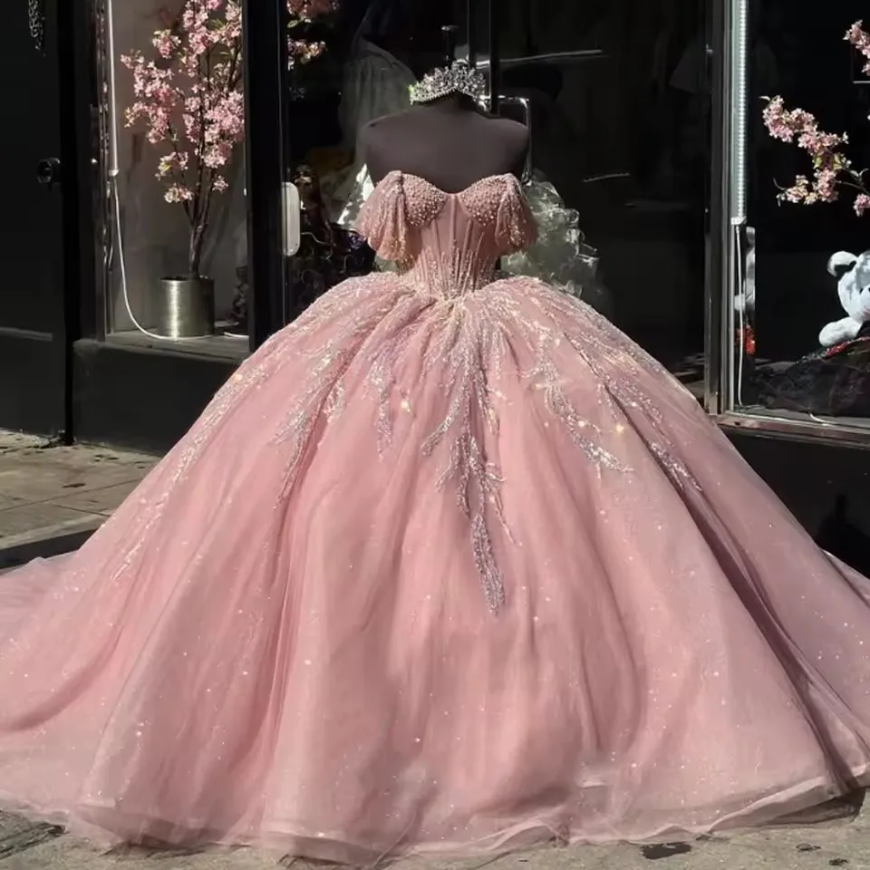 BOMARIS الوردي الأميرة الكرة ثوب فساتين Quinceanera Vestidos De 15 Anos XV التألق الدانتيل ذيل محكمة حفلة عيد ميلاد مخصصة #1