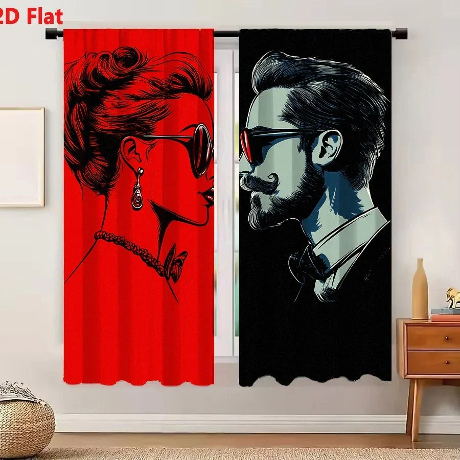 Vintage Pop Art Style Red and Black Man Woman Portrait Curtains for Living Room Home Decor Window Cover